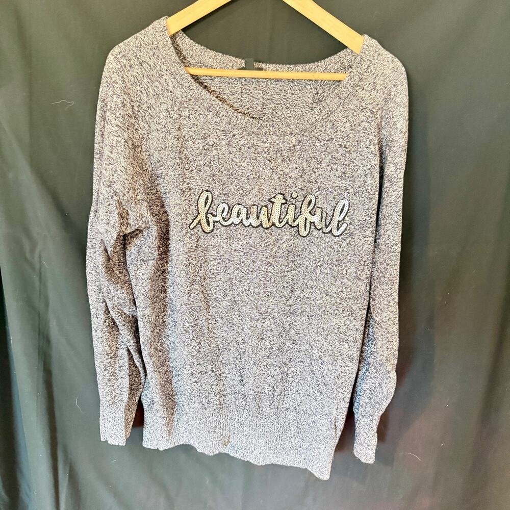 Torrid Sweater Size 2 (2X) Grey Marled Knit Sequin "Beautiful" Graphic Pullover